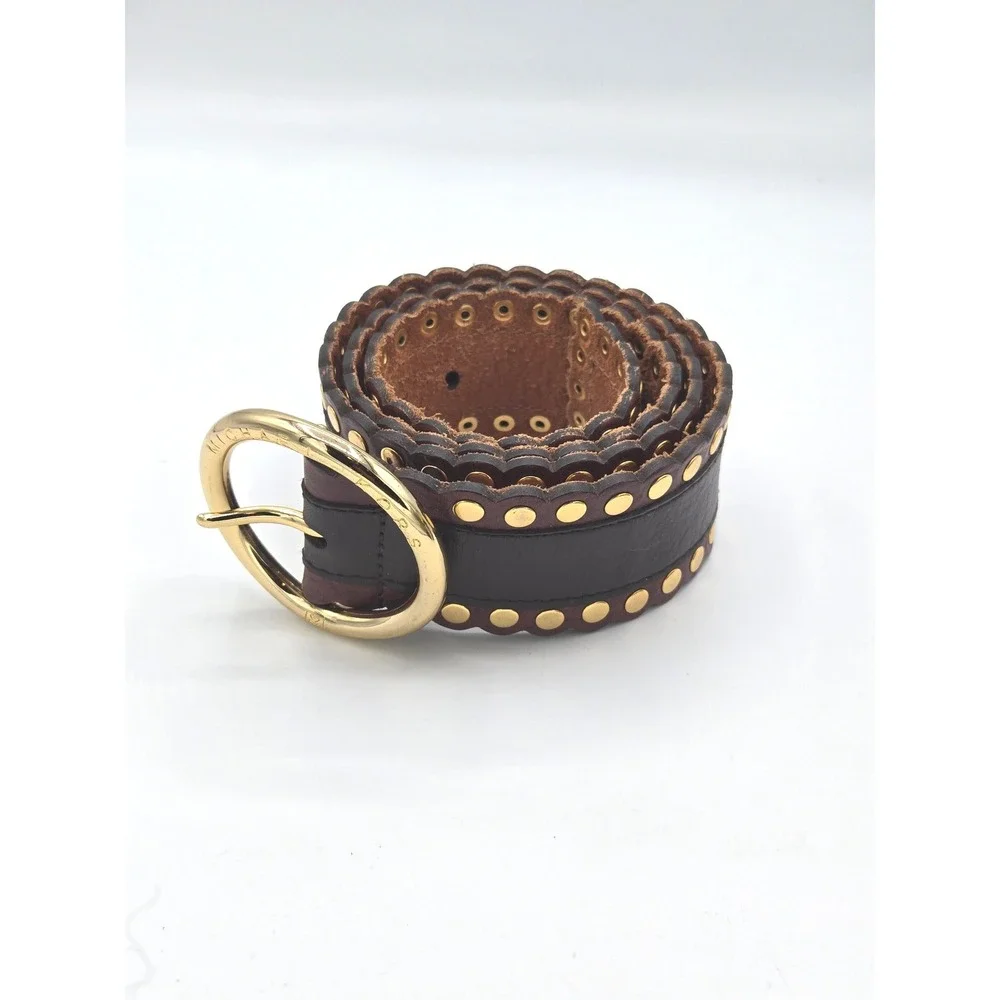 Michael Kors Brown Leather Studded Scalloped Edge Gold Buckle Belt Large‎